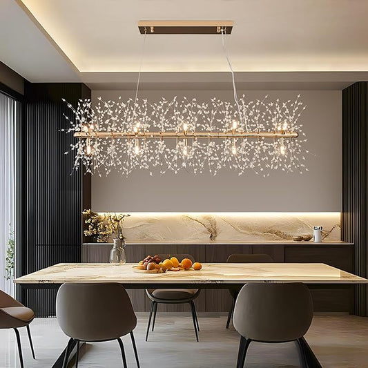 Modern 47.2" Modern Gold Crystal Firework Chandelier, 15-Light Pendant Light Fixture, Rectangle Linear Sputnik Dandelion Chandeliers for Dining Room Kitchen Living Room