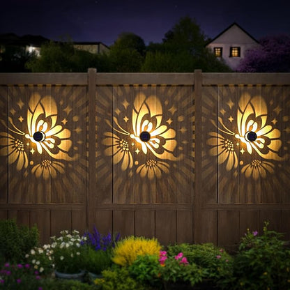 Solar Fence Lights 4 Pack Solar Deck Lamps Outdoor Decorations Powered Step Lights Wall Waterproof LED Warm Decorative Lighting for Garden (Butterfly-Flower, 4)