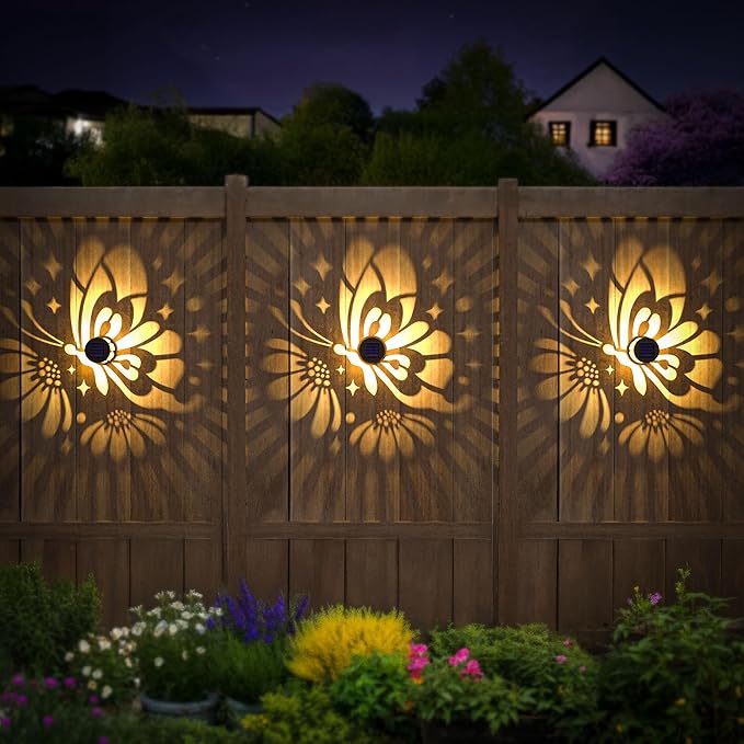 Solar Fence Lights 2 Pack Outdoor Deck Step Wall Lights Metal Waterproof LED Warm Yellow Light for Garden Post Patio Backyard Yard Decor (Butterfly-Flower, 2)