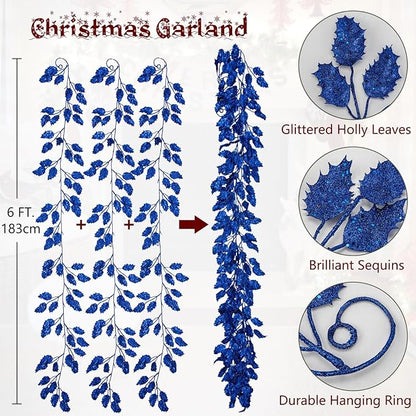 3 Pcs 6FT Christmas Garland Blue Glittered Artificial Holly Leaves for Mantle Christmas Tree Decorations Indoor Outdoor Hanging Garland Ornaments Garden Door Wall Window Stair Holiday Home Decor