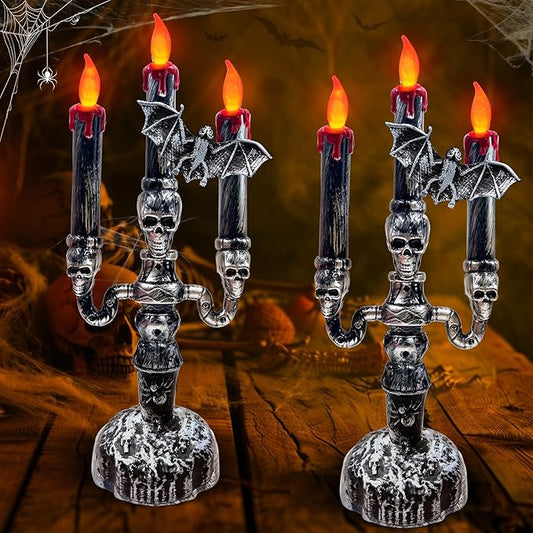 TURNMEON 2 Pack Halloween Decorations Halloween Candles LED Candelabra 3 Flickering Lamp Light Up Battery Operated Candles Holder Flame Less Bat Decor Indoor Table Home Party