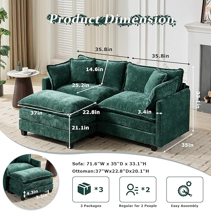 SoarFlash Chenille 71.6" Sectional Sofa, Comfy L Shaped Modular Coush Sofa with Ottoman, Modern 2 Seat Couch Deep Seat Sofa Set for Living Room,Green