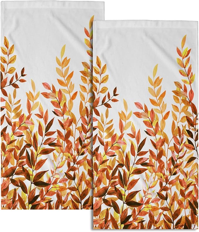 Orange Eucalyptus Hand Towels Set of 2 Fall Leaves Botanical Plant Decorative Soft Absorbent Kitchen