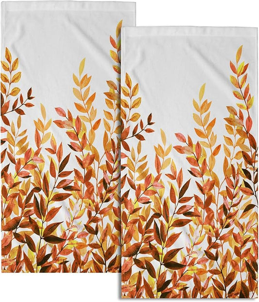 Orange Eucalyptus Hand Towels Set of 2 Fall Leaves Botanical Plant Decorative Soft Absorbent Kitchen