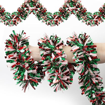 50 FT Christmas Tinsel Garland for Christmas Tree Decorations, Red Green White Metallic Twist Shiny Hanging Xmas Garlands for Stairs Mantle Fireplace Home Indoor Outdoor Holiday Party Suppliers Decor