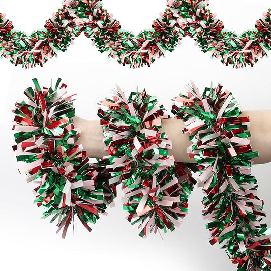 50 FT Christmas Tinsel Garland for Christmas Tree Decorations, Red Green White Metallic Twist Shiny Hanging Xmas Garlands for Stairs Mantle Fireplace Home Indoor Outdoor Holiday Party Suppliers Decor