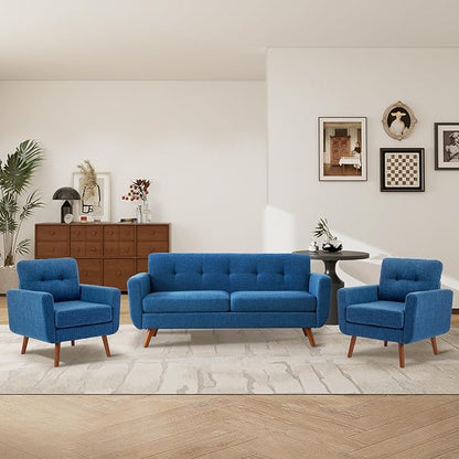 Tbfit Linen Fabric Accent Chairs Set of 2, Mid Century Modern Armchair for Living Room, Bedroom Button Tufted Upholstered Comfy Reading Accent Chair Sofa(Blue)