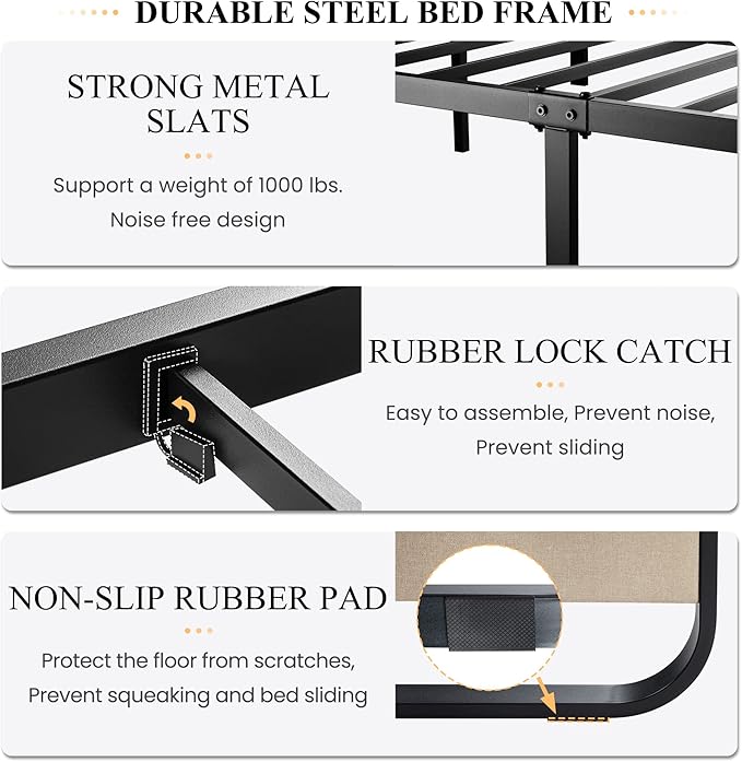 SHA CERLIN Queen Size Platform Metal Bed Frame with Curved Upholstered Headboard and Footboard, Large Under Bed Storage, No Box Spring Needed, Modern, Beige