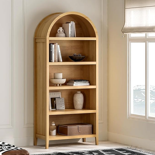 5 Tier Arched Bookshelf, 71" Tall Bookcase with Adjustable Shelves Wood Storage Cabinet Freestanding Display Kitchen Pantry for Living Room Bedroom Home Office, Natural Oak
