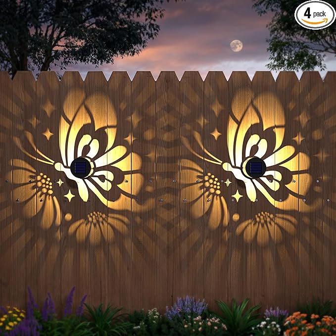 Solar Fence Lights 4 Pack Solar Deck Lamps Outdoor Decorations Powered Step Lights Wall Waterproof LED Warm Decorative Lighting for Garden (Butterfly-Flower, 4)