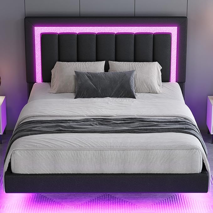 HOMBCK Floating Bed Frame Full with Smart LED Lights, Faux Leather Upholstered Bed Frame Full with Diamond Headboard, No Box Spring Needed, Noise Free, Easy Assembly, Black
