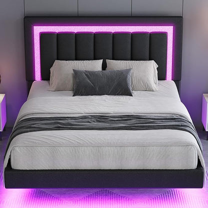 HOMBCK Floating Bed Frame Full with Smart LED Lights, Faux Leather Upholstered Bed Frame Full with Diamond Headboard, No Box Spring Needed, Noise Free, Easy Assembly, Black