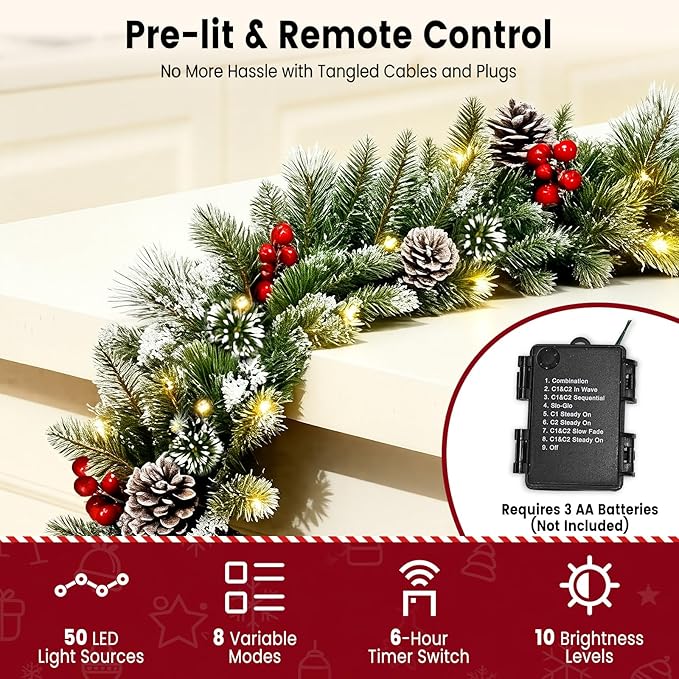 Guirnalda de Navidad de 9 pies con luz, Christmas conos de pino/bayas y luces LED multicolor preiluminadas (con control remoto), guirnalda de Navidad para chimenea, escaleras, puerta delantera