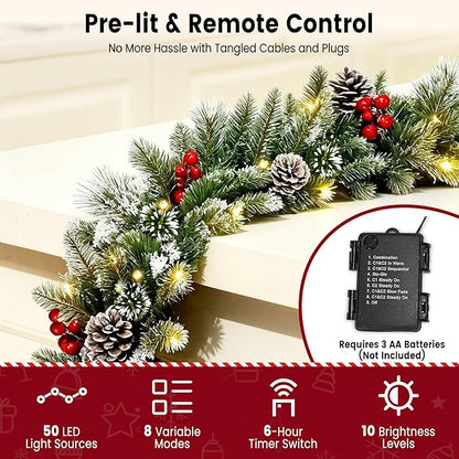 Guirnalda de Navidad de 9 pies con luz, Christmas conos de pino/bayas y luces LED multicolor preiluminadas (con control remoto), guirnalda de Navidad para chimenea, escaleras, puerta delantera