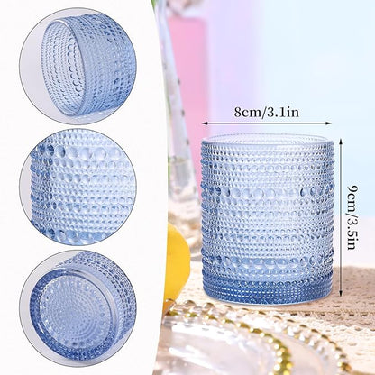 Blue Drinking Glasses Set of 4, 10 oz Hobnail Drinking Glasses - Blue Vintage Glassware for Beer, Cocktail, Soda, Juice, Coffee and Various Mixed Drinks
