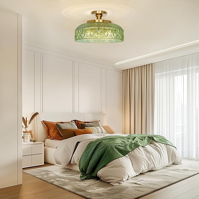Lamomo Semi Flush Mount Ceiling Light, Upgraded Larger Green Hallway Light Fixture, 3-Bulb Globe Glass Close to Ceiling Scone, Indoor Hanging Light for Bedroom Kitchen Porch Hallway,Bulbs Not Included
