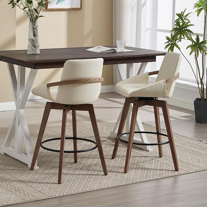 Mid-Century Swivel Bar Stools Set of 2, 26.5 inch Counter Height Barstools PU Leather Bar Chairs with Wooden Frame for Kitchen Island Dining Room, Beige