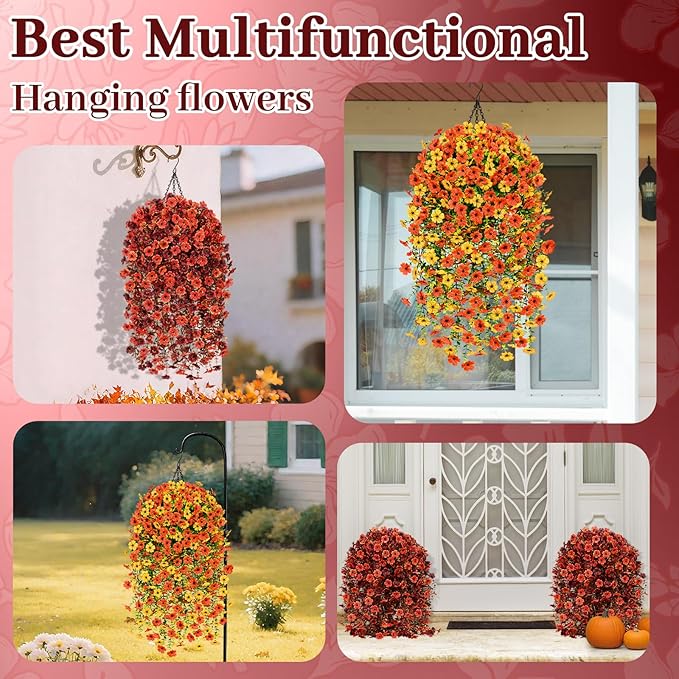 Yastouay 2 Pack Artificial Fall Hanging for Outdoors, Fake Hanging Plants Artificial Decor, Silk Orange Fake Mums Fall Flowers Artificial for Decoration Porch Front Door Yard Fall Decor