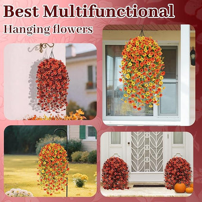 Yastouay 2 Pack Artificial Fall Hanging for Outdoors, Fake Hanging Plants Artificial Decor, Silk Orange Fake Mums Fall Flowers Artificial for Decoration Porch Front Door Yard Fall Decor