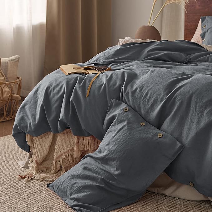 Bedsure Linen Duvet Cover Queen - Linen Cotton Blend Bedding Set, Soft & Cozy, 3 Pieces, 1 Duvet Cover 90x90 Inches and 2 Pillowcases, Charcoal Grey Color Cooling Bedding, Comforter Sold Separately