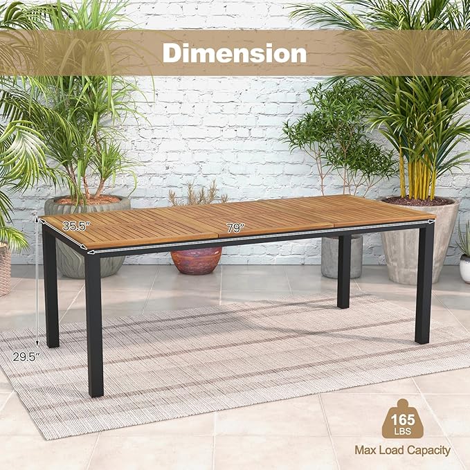 Tangkula 8-Person Outdoor Dining Table, 79 Inch Acacia Wood Patio Table with Umbrella Hole, Metal Legs & Adjustable Foot Pads, Farmhouse Bistro Table for Garden, Poolside & Backyard