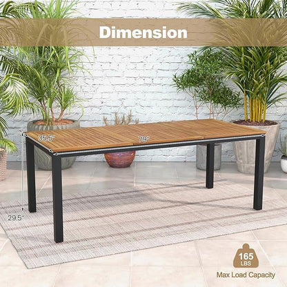 Tangkula 8-Person Outdoor Dining Table, 79 Inch Acacia Wood Patio Table with Umbrella Hole, Metal Legs & Adjustable Foot Pads, Farmhouse Bistro Table for Garden, Poolside & Backyard