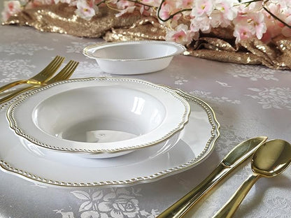 " OCCASIONS " 240 Plates Pack,(120 Guests) Heavyweight Premium Disposable Plastic Plates Set -120 x 10.25'' Dinner + 120 x 7.5'' Salad/Dessert (Rochelle White and Gold)