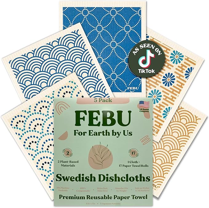 FEBU Swedish Dishcloths 5 Pack Japanese Reusable Washable Kitchen Dish Towels Tabletop Decor Japanese