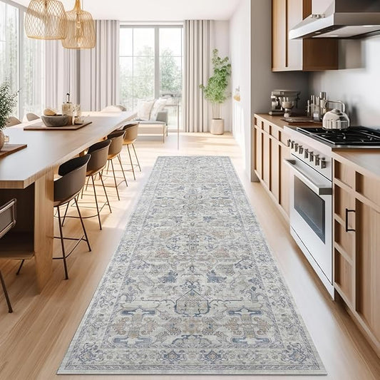 jinchan Vintage Floral Washable Runner Rug 3x8 Non-Slip, Blue