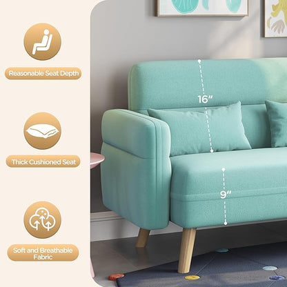 Yaheetech 46" Modern Fabric Loveseat Sofa Mid Century 2 Seater Couch Lumbar Pillows Solid Wood Legs, Aquamarine