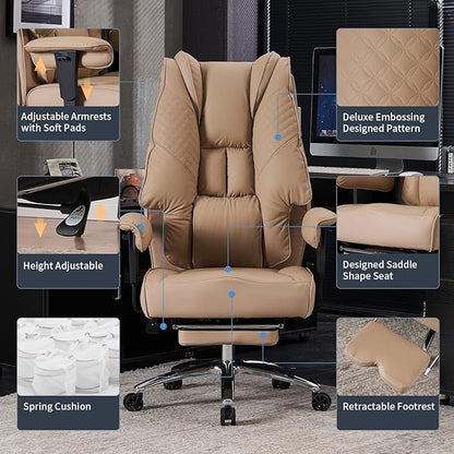 Big and Tall Office Chair 400lbs Wide Seat, Leather High Back Executive Office Chair with Foot Rest, Ergonomic Chairs Lumbar Support for Lower Back Pain Relief (Brown)