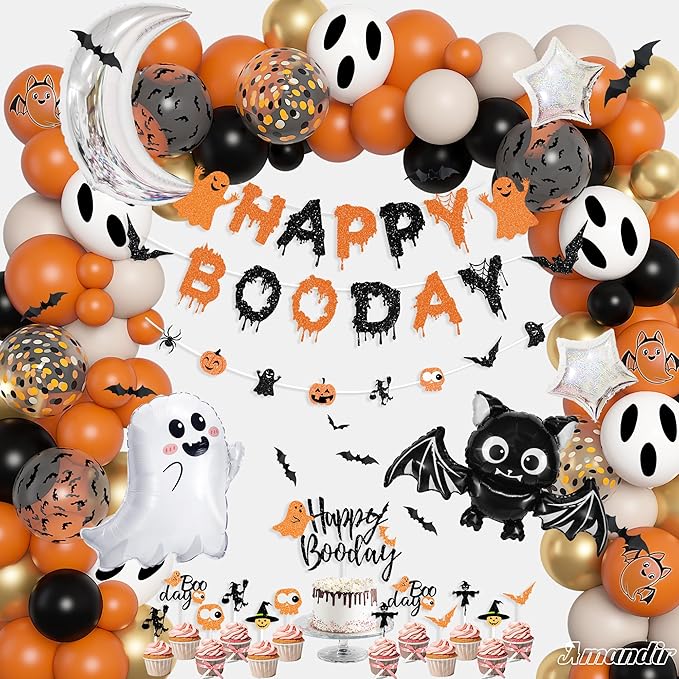Amandir Orange Black White Sand Halloween Birthday Party Decorations, Happy Boo Day Glitter Banner Halloween Balloon Arch Garland kit Foil Bat Ghost Balloons Cake Toppers for Kids Spooky Baby Shower