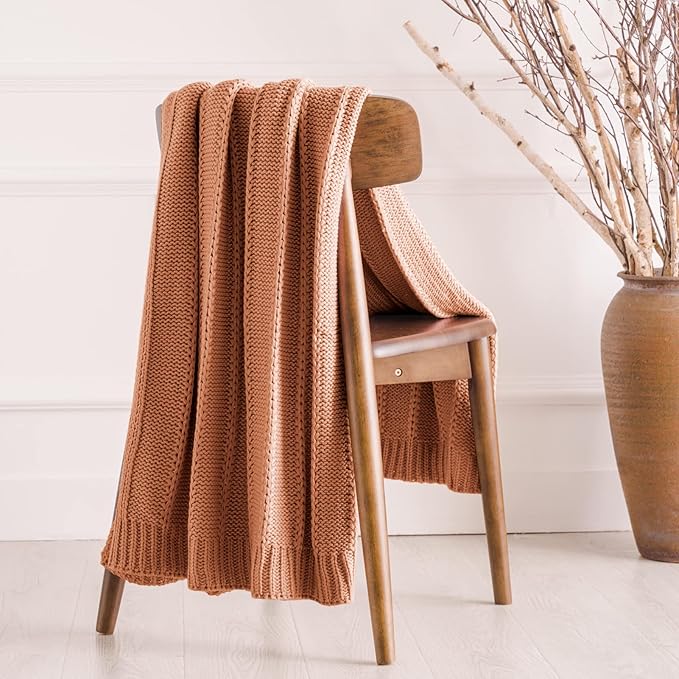RECYCO Cable Knit Burnt Orange Throw Blanket Twin Size, Super Soft Warm Cozy Decorative Knitted Throw Blanket 3.6LB for Bed, Chair Large 60"x80"