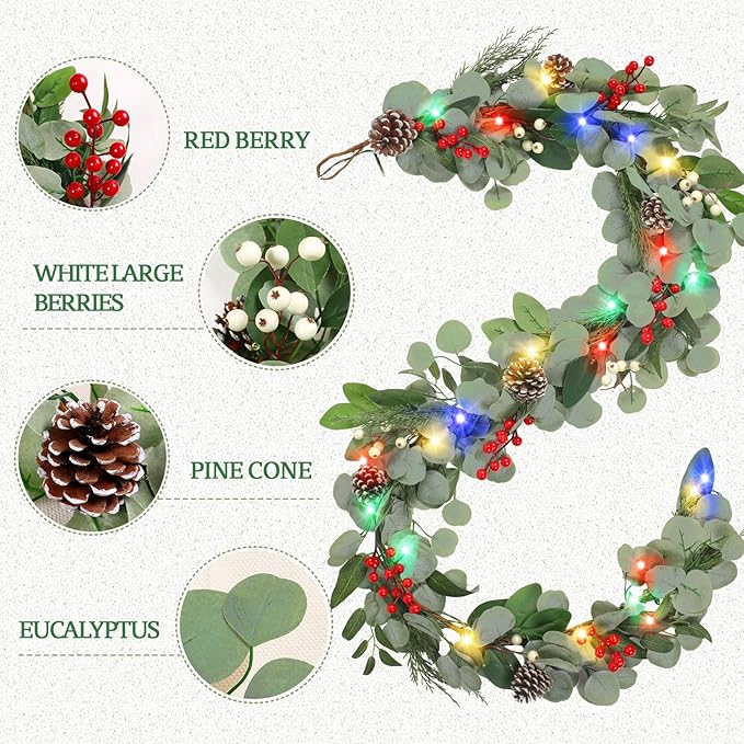 Guirnalda de Navidad de eucalipto artificial preiluminada de 9 pies, Christmas luces multicolores/funciona con pilas, guirnalda de Navidad iluminada para manto, mesa, escaleras, barandilla, decoración de
