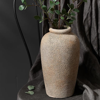 Large Ceramic Rustic Vase, 11 inch Minimalist Decorative Vase, Farmhouse Tall Wood Colored for Home Decor, Living Room, Shelf Decor, Enterway, Table Decoration, Brown