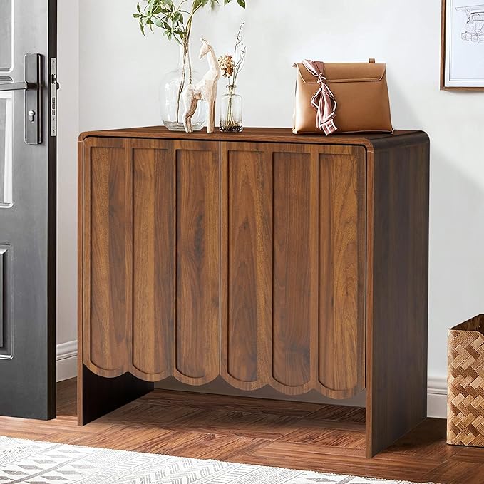 ORRD Sideboard Buffet Cabinet, Accent Storage Cabinets with 2 Doors, Farmhouse Wood Cabinet with Adjustable Shelves and Wave Panel for Living Room, Dining Room, Entry - Walnut
