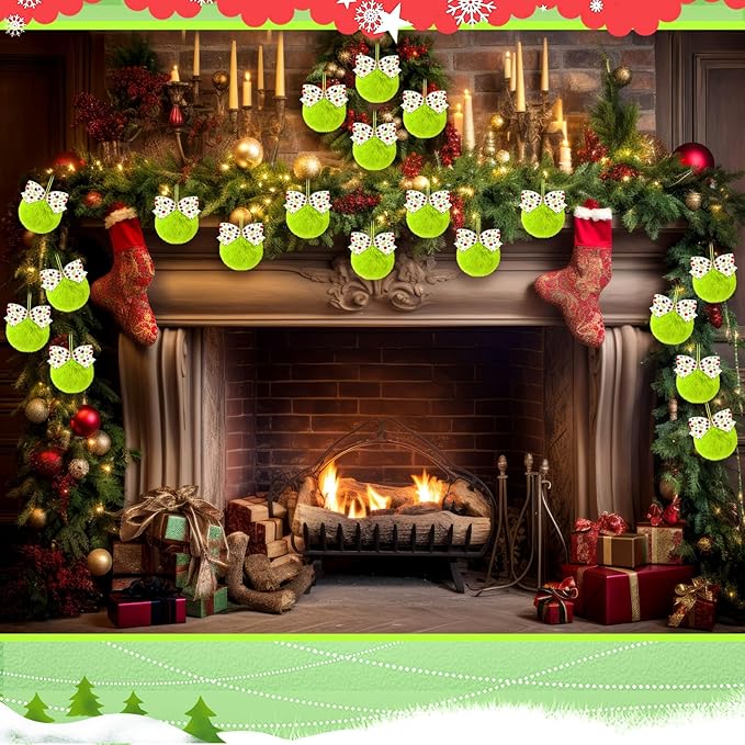 Norme 24-Pack Lime Green Furry Christmas Balls with Bow, 4" Soft Faux Fur Plush Pom Pom Ball Ornaments for Christmas Tree Hanging Decorations Party Fireplace Mantel Wall Decor(White Polka Dots)