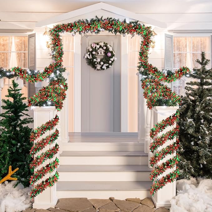 50FT Christmas Tinsel Garland - Metallic Twist Garland for Christmas Tree Decorations, Xmas Tree Decor for Home Indoor Outdoor Holiday Party Supplies (Green and Red)