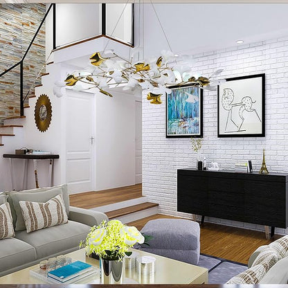 39" Dining Room Modern Leaf Chandelier, Gold Branch Chandeliers with Ceramic Ginkgo Leaves, 5-Light Hanging Brass Pendant Light Fixture for Living Room, Dining Room, Foyer High Ceiling