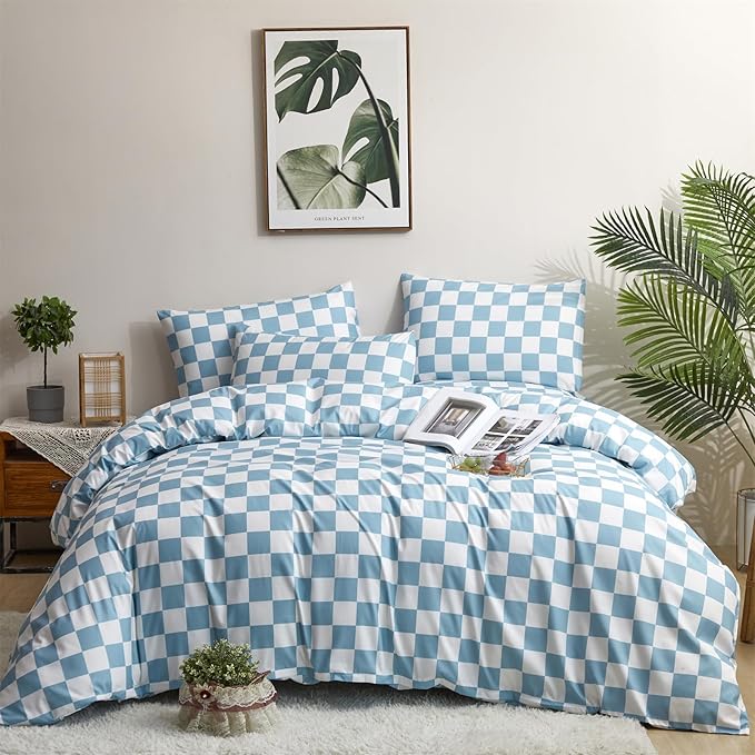 Pureant Blue Plaid Comforter Set - White Checkerboard Grid Bedding - Soft Checkered Geometric Twin Comforter Set