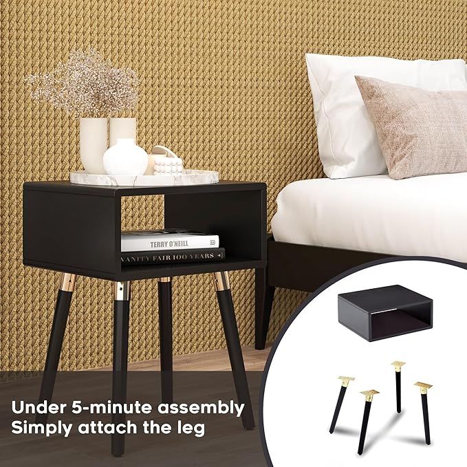 Bme Dinkee Solid Wood Bedside Table Fully Assembled Without Drawer for Mid Century Bedroom and Living Room, Black