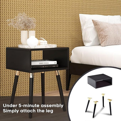 Bme Dinkee Solid Wood Bedside Table Fully Assembled Without Drawer for Mid Century Bedroom and Living Room, Black