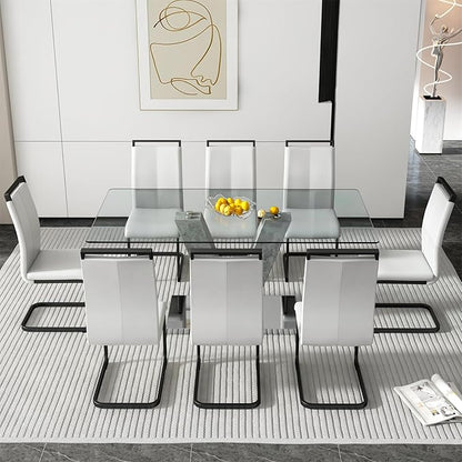 Glass Dining Table Set for 8, 71" Kitchen Table and 8 PU Leather Chairs, Tempered Glass Top and MDF Base, 9-Piece Table Set Ideal for Living Room