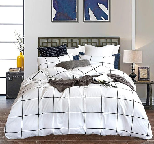 CLOTHKNOW White Plaid King Size Comforter Set 3Pcs Grid Bedding Comforter Sets All Season Checker Comforter with 2 x Pillowcases
