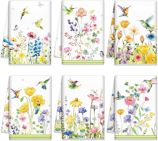 Oudain Kitchen Dish Towels Set of 6 Floral Wildflower Decorative Tea Towels Hand Towels Spring Housewarming Gift