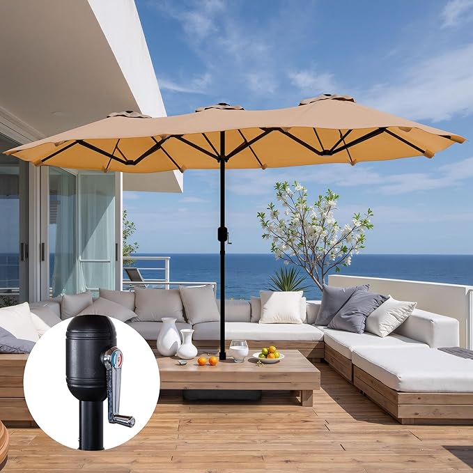 Shintenchi 16FT Large Patio Umbrella with Base, Outdoor Double-Sided Rectangular Umbrella, Market Umbrella with Crank Handle for Poolside Lawn Garden, Khaki