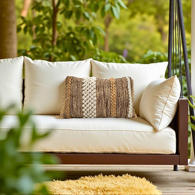 Decorative Boho-Chic Lumbar Pillow Cover 12x20 Premium Handwoven Tufted Cotton &Wool Accent Pillows, Earthy Color Throw Cushion, Farmhouse & Bohemian Home Decor (Limited Edition Cover Only)