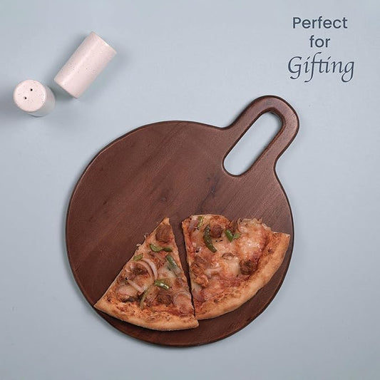 The Fine Living Co. Walnut Round Serveware Board with Handle, Charcuterie Boards, Acacia Wood 0.6" Thick Board, Bread Board for Serving Meat, Cheese, Pizza Peel, Food-grade, 15" × 12"