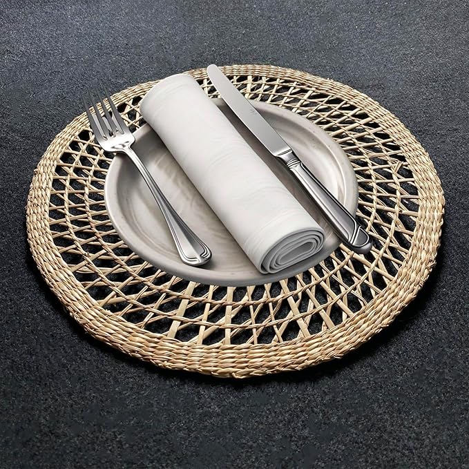 15" Set of 4 Round Flower Seagrass Placemats | Boho Woven Rattan Table Mats | Farmhouse Wicker Spring Plate Chargers Like Water Hyacinth, Corn Husk for Wedding, Party, Christmas, Events