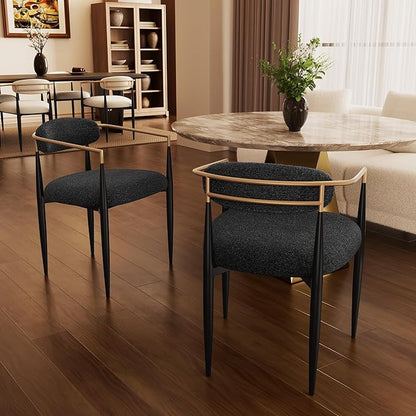 Morden Fort Black Modern Dining Chairs Set of 2, Boucle Upholstered Accent Dining Chairs with Gold Armrest and Curved Backrest for Kitchen, Living Room and Lounge